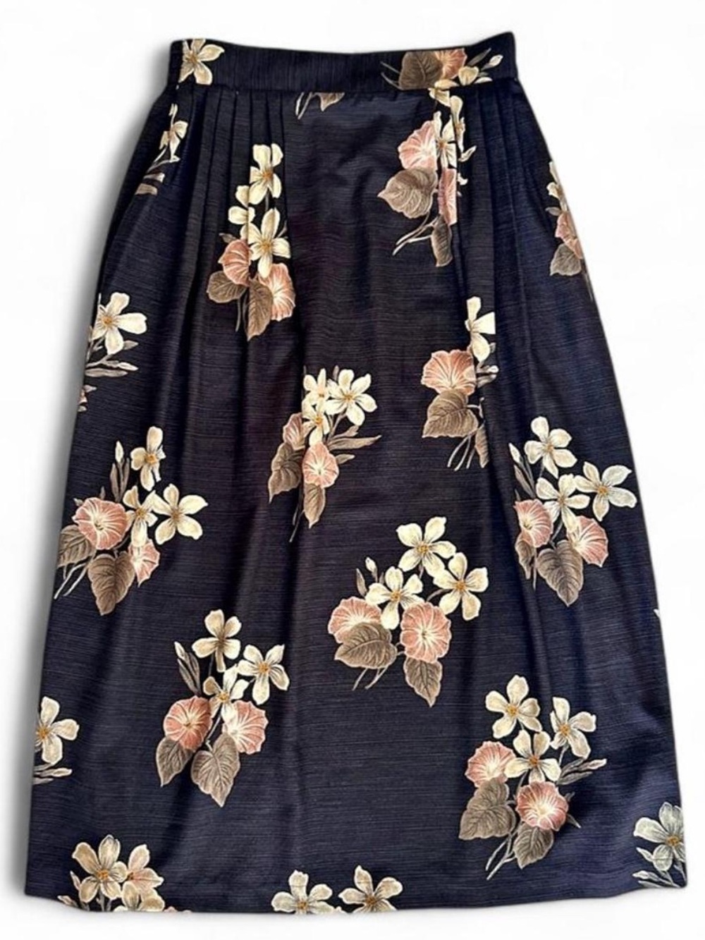 Vintage Charcoal Floral Pleated Midi Skirt | 90s Rena Rowan | Pink Cream